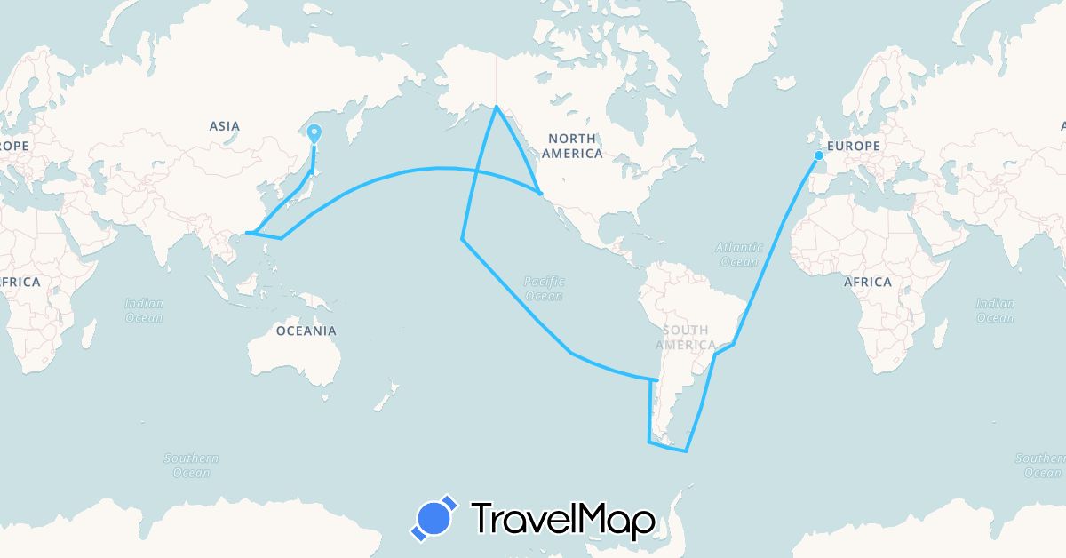 TravelMap itinerary: driving, boat in Brazil, Chile, France, Japan, Macau, Russia, United States (Asia, Europe, North America, South America)